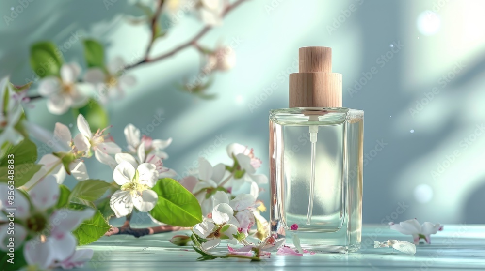 Summer floral fragrance in glass bottle with wood and flowers on bright background Summer floral fragrance in glass bottle with wood and flowers on bright background