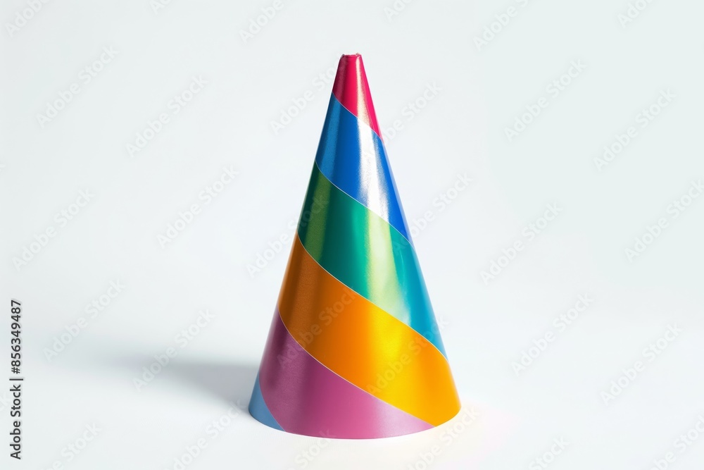 Colorful striped party hat stands out against a clean white background, perfect for celebrations and festive occasions Colorful striped party hat stands out against a clean white background, perfect for celebrations and festive occasions