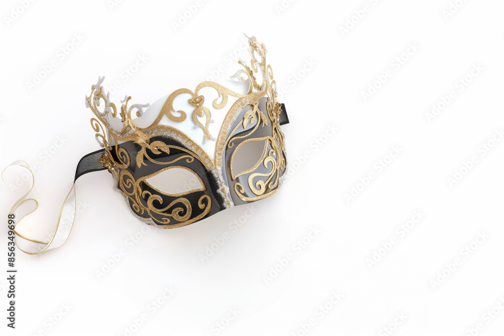 Luxurious ballroom mask with gold ornamental details and ribbon elegantly twisted, isolated on a white background with copy space