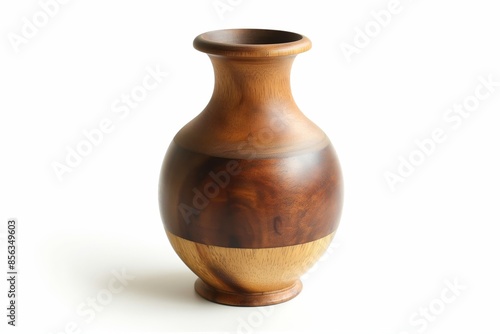 Beautifully crafted wooden vase featuring a smooth, curved shape and two-toned design, isolated on a pure white background © Татьяна Евдокимова