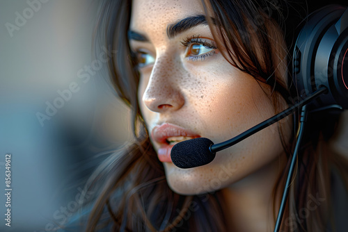 woman wearing a headset, concentrating on her task. Her focused expression and the professional headset highlight a work environment, emphasizing communication and productivity