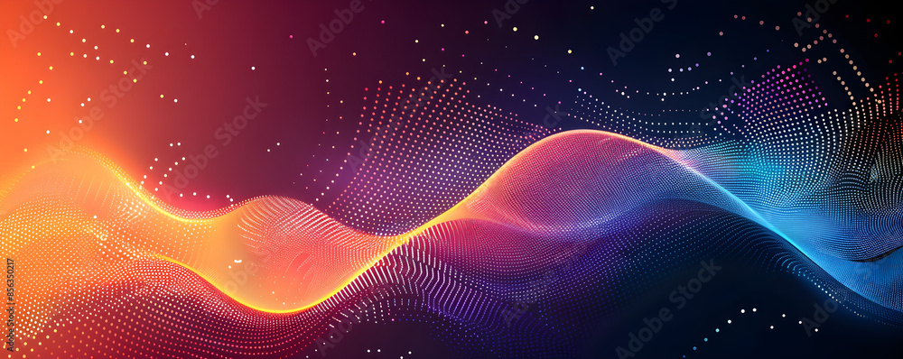 Abstract digital artwork featuring a vibrant gradient background with wavy lines and dots. Ideal for modern design, posters, and tech presentations. Includes copyspace. Abstract digital artwork featuring a vibrant gradient background with wavy lines and dots. Ideal for modern design, posters, and tech presentations. Includes copyspace.