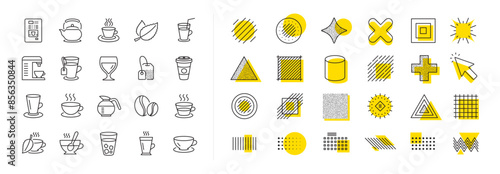 Set of Cappuccino, Juice with ice and Latte coffee cup icons. Design shape elements. Coffee and Tea line icons. Teapot, Coffeepot and Hot drink with Steam. Vector