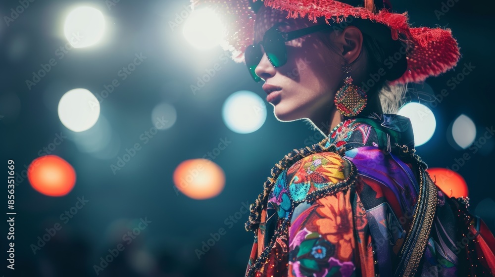 Stylish Model in Designer Outfit on Runway with Vibrant Lighting at ...