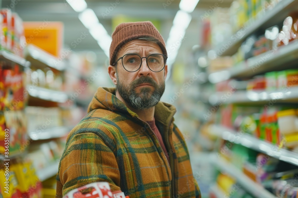 man with shopping cart at grocery store doing shopping Generative AI