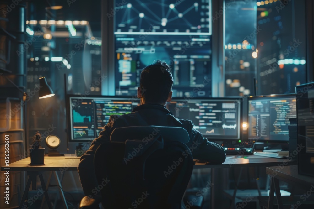 Tech Innovator Working Late on Futuristic Projects in Office with Multiple Screens Displaying Code Tech Innovator Working Late on Futuristic Projects in Office with Multiple Screens Displaying Code