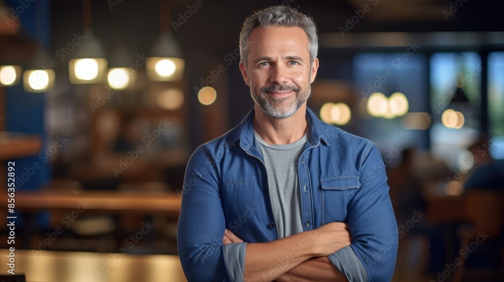 Portrait of confident mature businessman standing with arms crossed in coffee shop Portrait of confident mature businessman standing with arms crossed in coffee shop