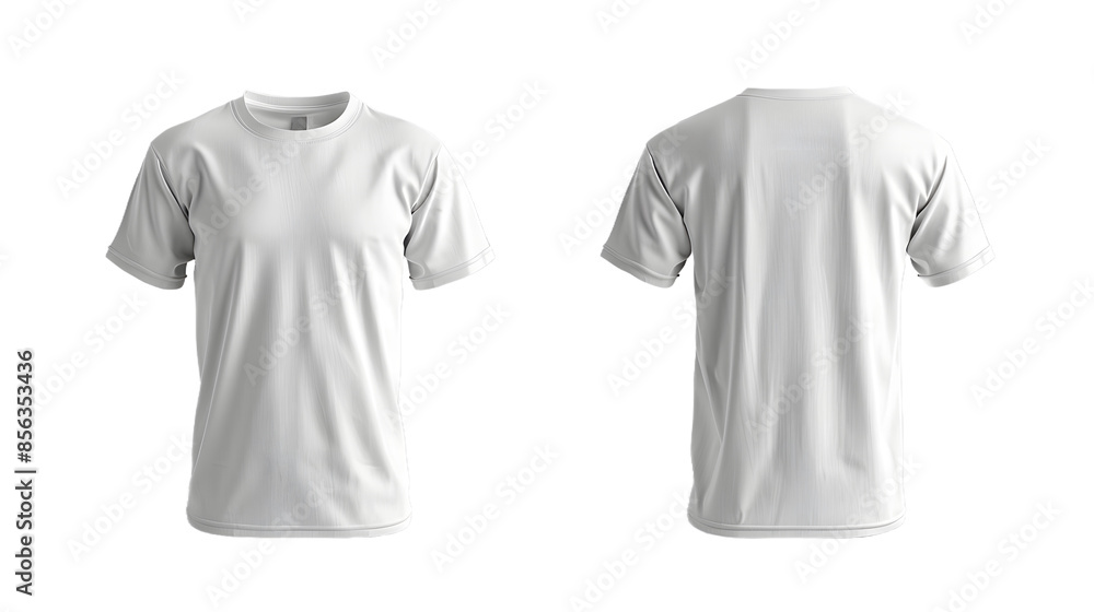 A white T-shirt displayed from two different angles. On the left, the T-shirt is shown with its front facing the viewer, while on the right, it's presented with its back turned. A white T-shirt displayed from two different angles. On the left, the T-shirt is shown with its front facing the viewer, while on the right, it's presented with its back turned.