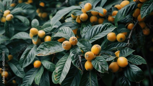 Close up view of loquat tree branches photo