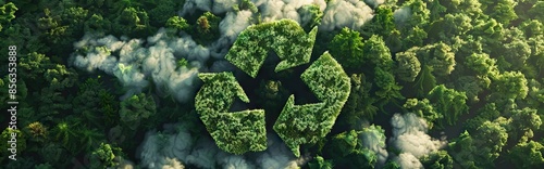 Recycle symbol on the forest background . Ecological concept. Ecology. Recycle and Zero waste symbol in the untouched jungle for Sustainable environment. AI generated illustration photo