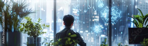 A professional data scientist is looking at the large screen in front of him, surrounded by plants and a futuristic office environment. AI generated illustration