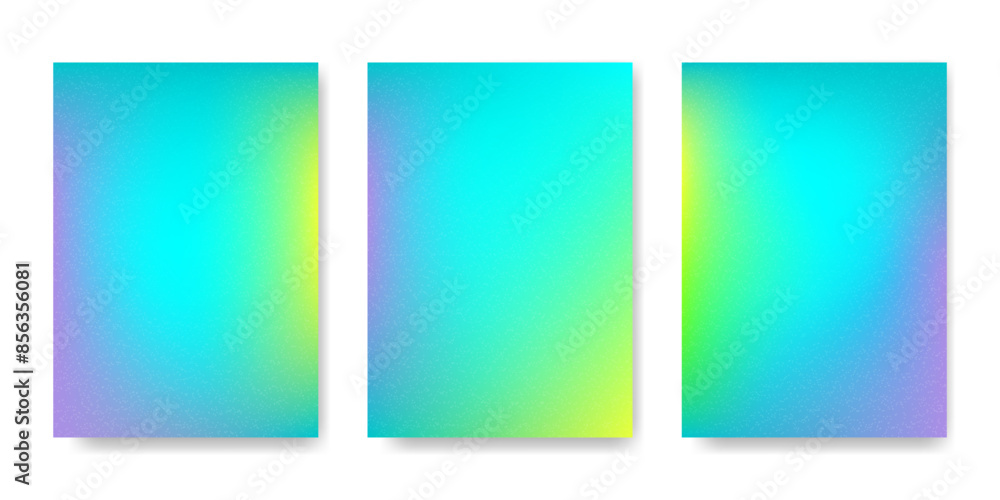 Naklejka premium Set of abstract neon gradient backgrounds. Modern green blue vibrant colors blend. Grain texture bright covers. Template for brochure, presentation, banner, social media design