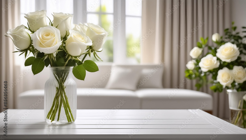 empty white table and white roses in vase empty white table and white roses in vase