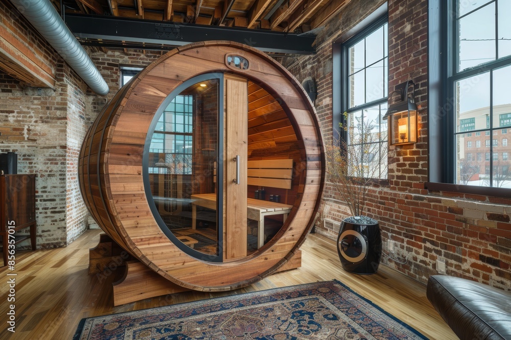 Urban Loft Barrel Sauna with Rustic Wooden Design and Exposed Brick Walls for Unique Home Retreat Urban Loft Barrel Sauna with Rustic Wooden Design and Exposed Brick Walls for Unique Home Retreat