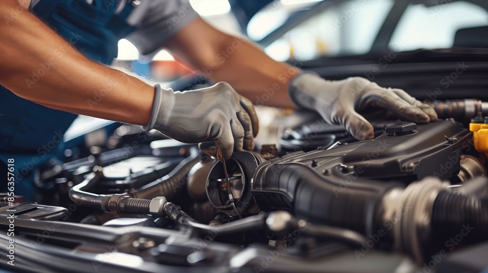 closeup male mechanic hands repairing car engine closeup male mechanic hands repairing car engine