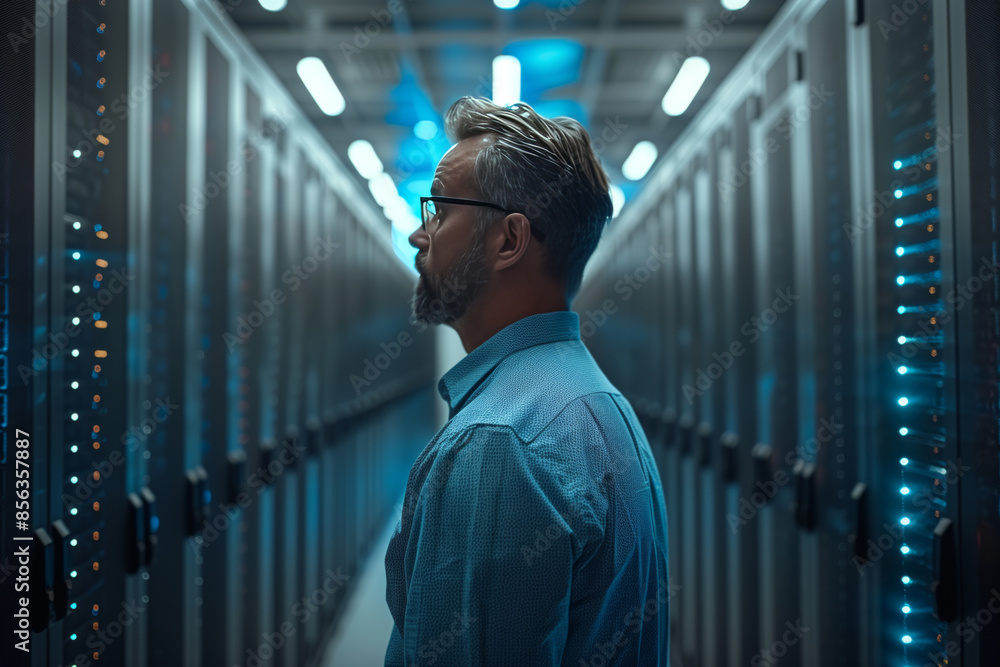 Fototapeta premium Focused IT Consultant Strolling Through Server Room