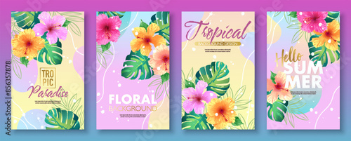 Tropical summer template set with tropical flowers and leaves on variegated bright background. Vector illustration