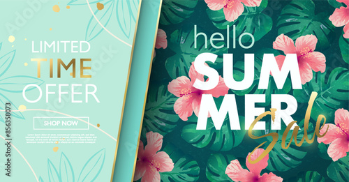 Hello Summer Sale promotional banner template with tropical flowers and leaves on colorful green background in paper cut style. Vector illustration