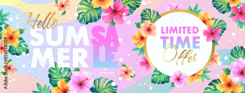 Tropical summer sale banner template with tropical flowers and leaves on variegated bright background. Vector illustration