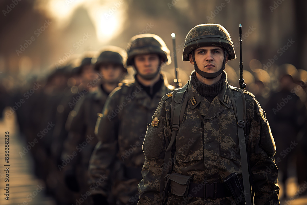 Soldiers Marching in Formation During an Army Parade in the City Soldiers Marching in Formation During an Army Parade in the City
