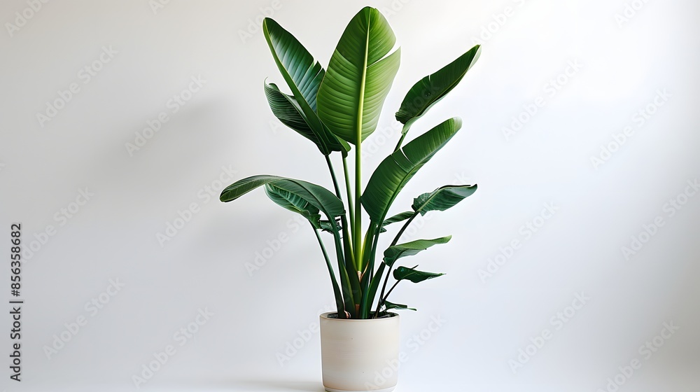 A potted plant with large, elongated green leaves. The plant is positioned against a white backdrop, and the pot is placed on a white surface. The plant appears to be in healthy condition A potted plant with large, elongated green leaves. The plant is positioned against a white backdrop, and the pot is placed on a white surface. The plant appears to be in healthy condition