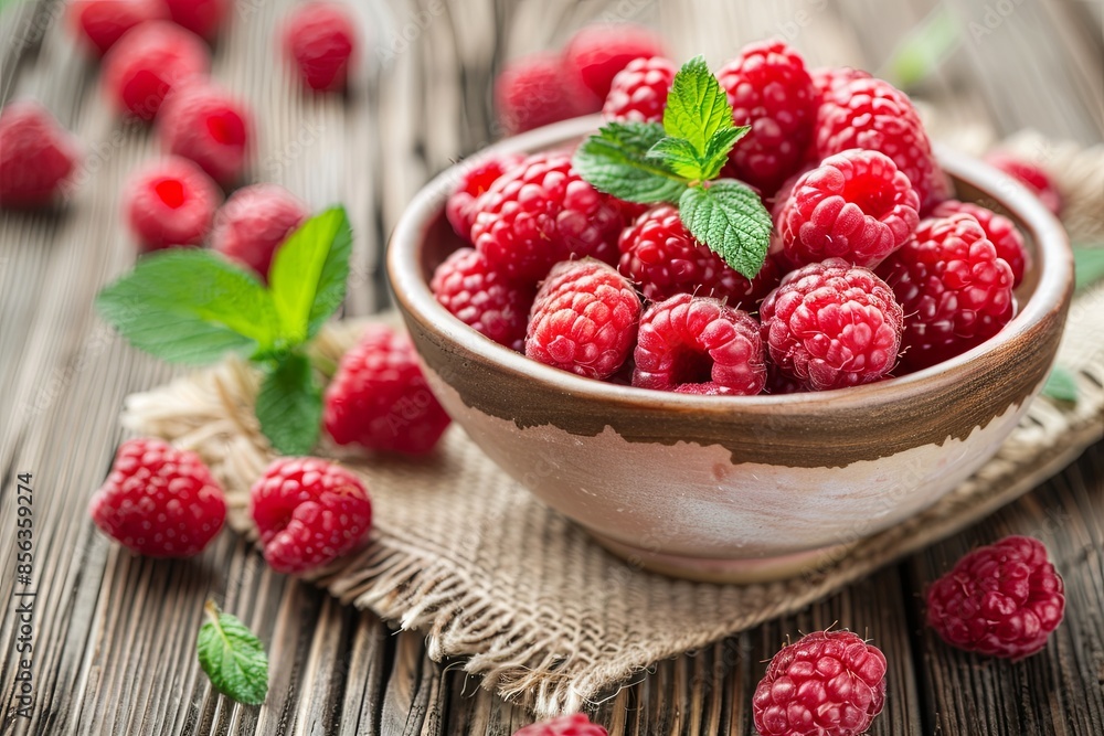 Bowl of fresh raspberries on wooden surface Bowl of fresh raspberries on wooden surface