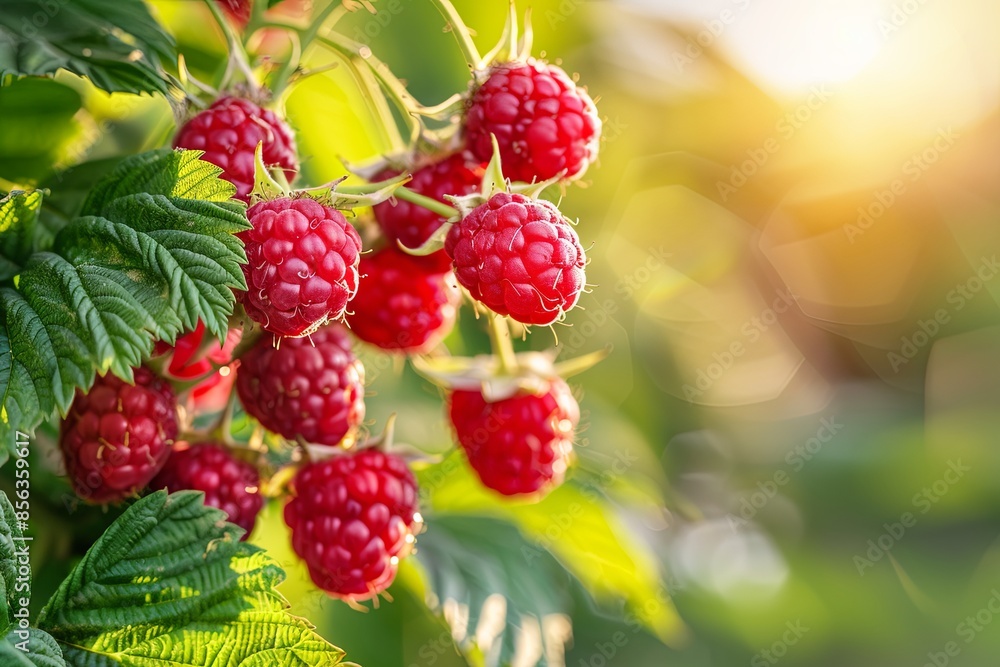 branch of ripe red raspberries in garden branch of ripe red raspberries in garden