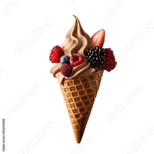 Chocolate Ice Cream Cone with Mixed Berries, PNG, isolated on transparent background.