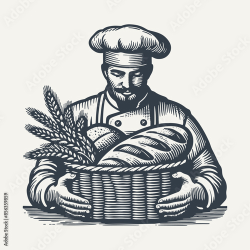 Bakerman Holding a Basket full of Bread. Vintage woodcut engraving style vector illustration