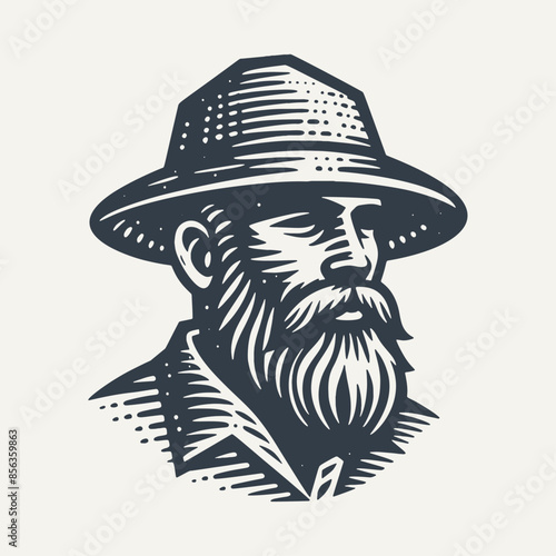 Bearded Man Logo Icon. Vintage woodcut engraving style vector illustration