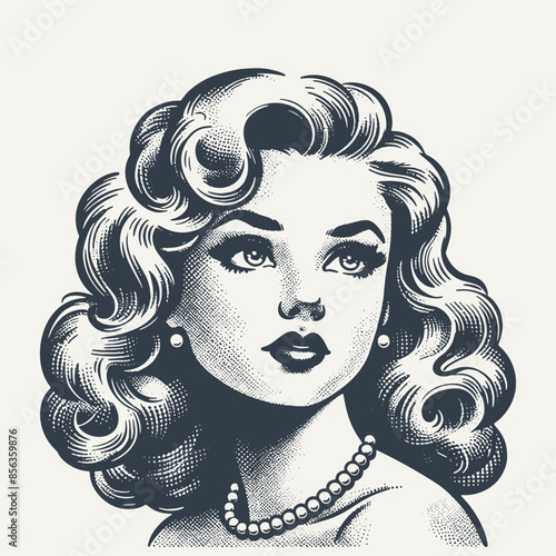 Beautiful Girl Portrait with Pearl Necklace. Vintage woodcut engraving style vector illustration