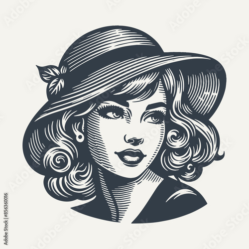 Retro Girl Portrait. Vintage woodcut engraving style vector illustration