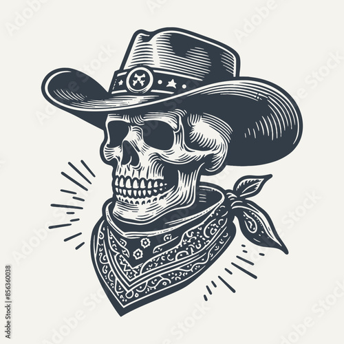 Skull with Cowboy Hat and Bandana. Vintage woodcut engraving style vector illustration