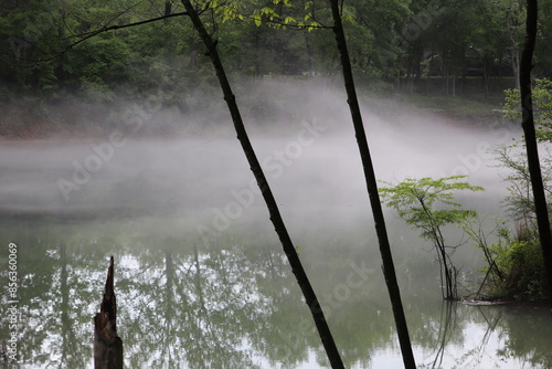 Fog over the water at the Blue Springs Heritage Center Eureka Springs Arkansas