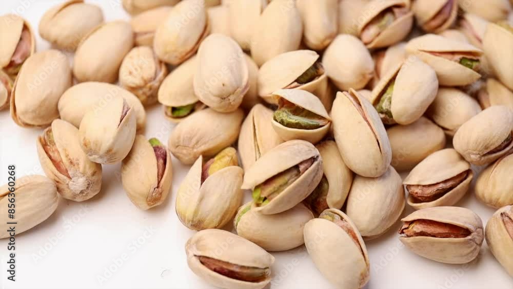 Dried pistachio nuts with cracked shells and green kernels falling on a white table Dried pistachio nuts with cracked shells and green kernels falling on a white table