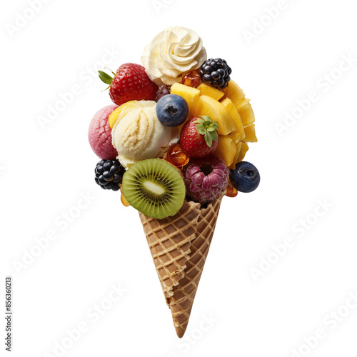 Ice Cream Cone with Fresh Fruit Toppings, PNG, isolated on transparent background.