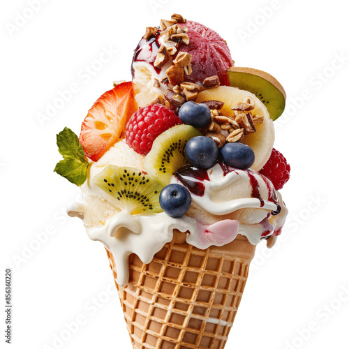 Delicious Ice Cream Cone with Fresh Fruit Toppings, PNG, isolated on transparent background.