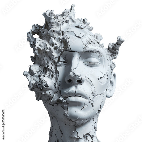 Abstract Sculpted Human Face with Cracked Texture, PNG, isolated on transparent background.