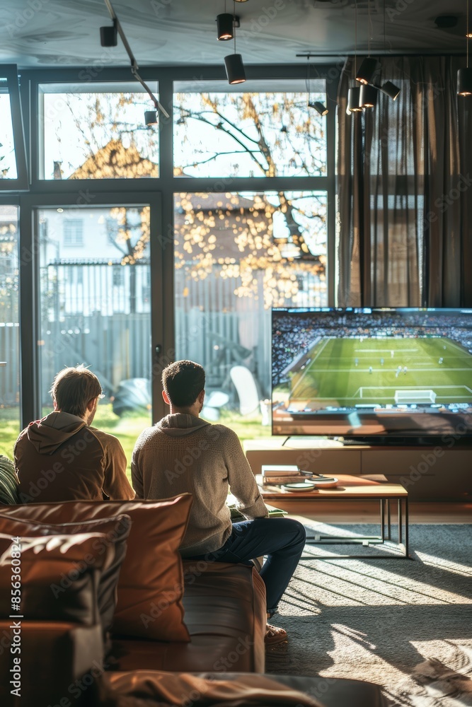 Friends Watching a Soccer Game on Big Screen TV in Modern, Sunlit Living Room for Sport Enthusiasts Friends Watching a Soccer Game on Big Screen TV in Modern, Sunlit Living Room for Sport Enthusiasts