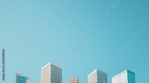 A minimalistic skyline with just a few clean, modern buildings against a clear blue sky