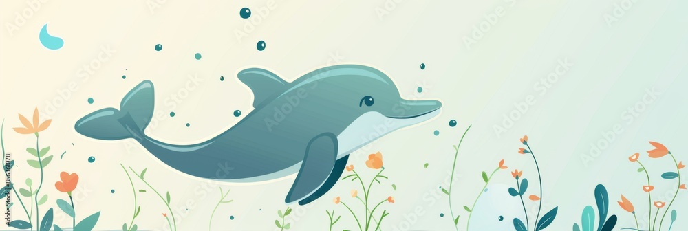 Horizontal banner. World Whale and Dolphin Day. Flat illustration. Cute dolphin swims in the sea, blue background with orange flowers. Marine animal protection concept. Free space for text Horizontal banner. World Whale and Dolphin Day. Flat illustration. Cute dolphin swims in the sea, blue background with orange flowers. Marine animal protection concept. Free space for text