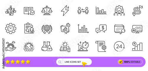 Lgbt, Power and 24 hours line icons for web app. Pack of Team work, Approved documentation, Payment received pictogram icons. Calendar, Report statistics, Teamwork signs. Search bar. Vector