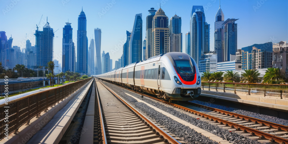 Fototapeta premium High-speed train traveling through dubai cityscape