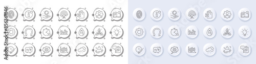 Cogwheel, Professional and Clipboard line icons. White pin 3d buttons, chat bubbles icons. Pack of Ph neutral, Ab testing, Fair trade icon. Upper arrows, Employee hand, Incubator pictogram. Vector
