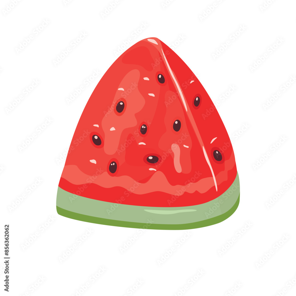 Vector watermelon piece isolated on white background.Summer season card with colorful juicy fruit.Fresh and sweet pulp with shiny seeds.Design for poster,sticker,print.Food illustration in flat style.