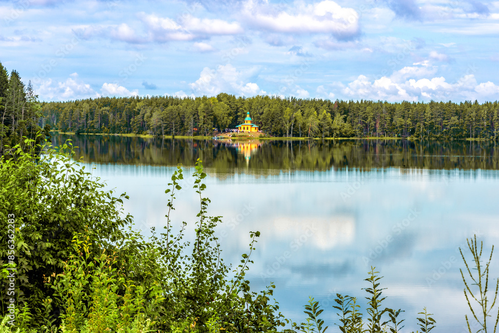 Landscape of Lake Roshchinskoe with the Church of the Holy Healer Panteleimon Landscape of Lake Roshchinskoe with the Church of the Holy Healer Panteleimon