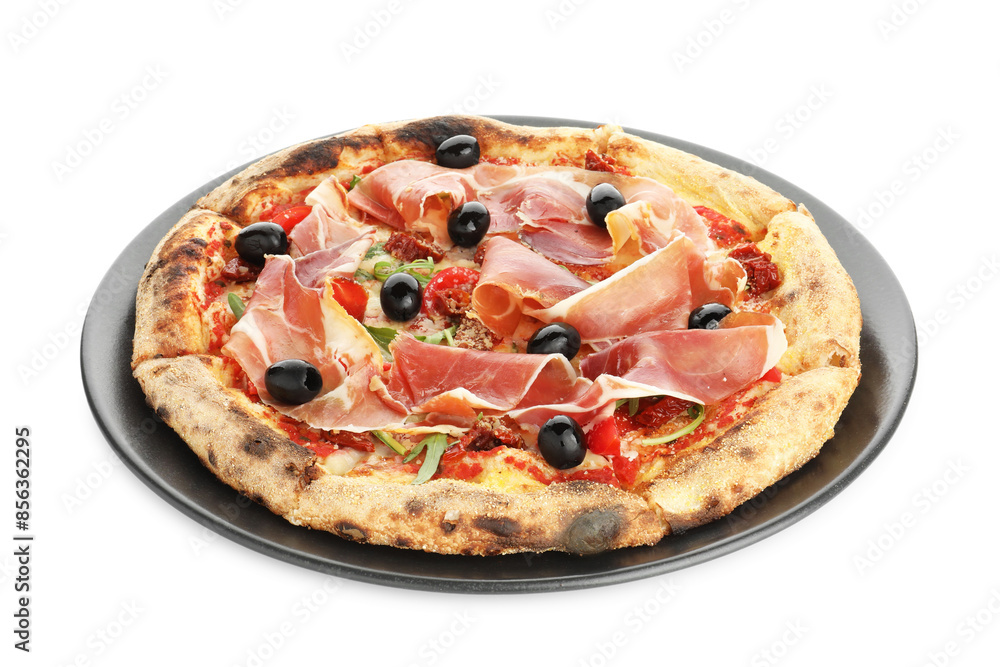 Tasty pizza with cured ham, olives and tomato isolated on white Tasty pizza with cured ham, olives and tomato isolated on white