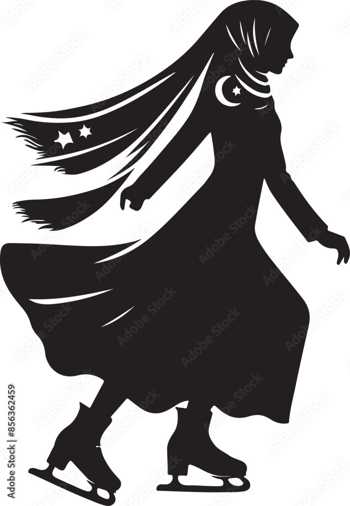 Silhouette of arab girl in hijab figure skating, vector black color silhouette Silhouette of arab girl in hijab figure skating, vector black color silhouette