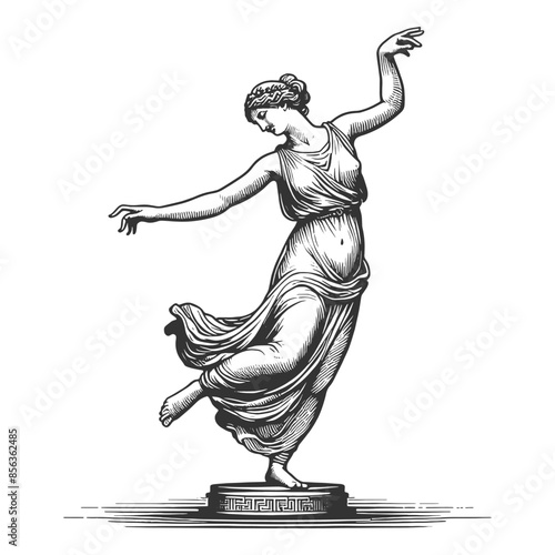 statue of a woman in a flowing dress, captured in a graceful dance pose sketch engraving generative ai fictional character vector illustration. Scratch board imitation. Black and white image.