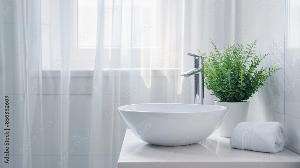 A clean, white bathroom with a single, sleek sink and a small potted plant for a touch of green A clean, white bathroom with a single, sleek sink and a small potted plant for a touch of green